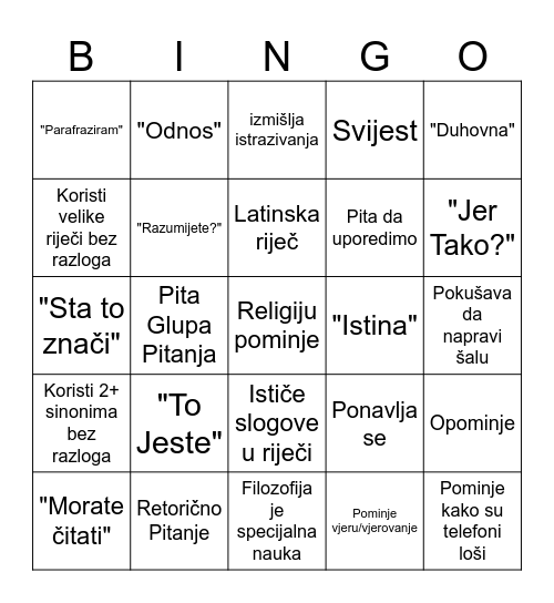 Filozofija Bingo Card