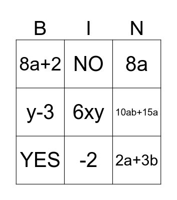 Algebra Bingo! Bingo Card