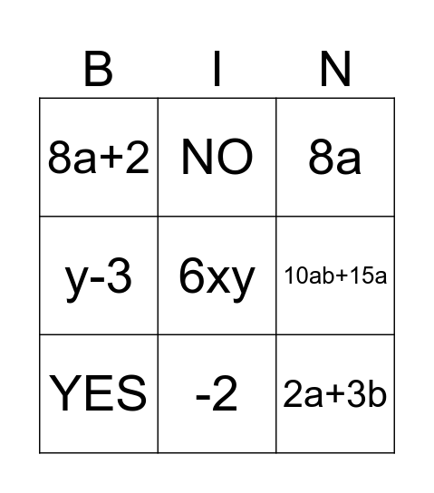 Algebra Bingo! Bingo Card