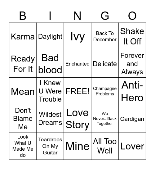 Taylor's Bingo Card