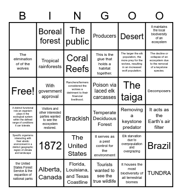 Ecosystems Bingo Card
