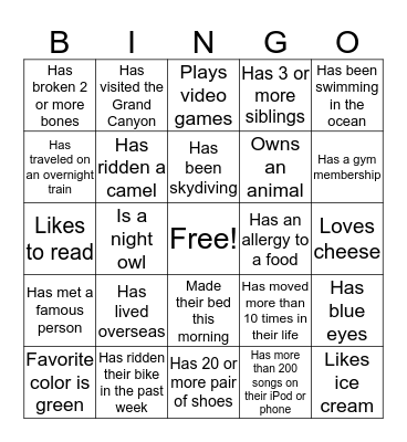 Getting to Know You Bingo Card