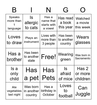 Getting to Know You Bingo Card