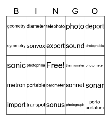 Greek and Latin Roots Bingo Card