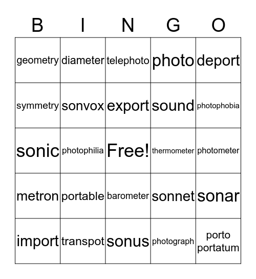 Greek and Latin Roots Bingo Card