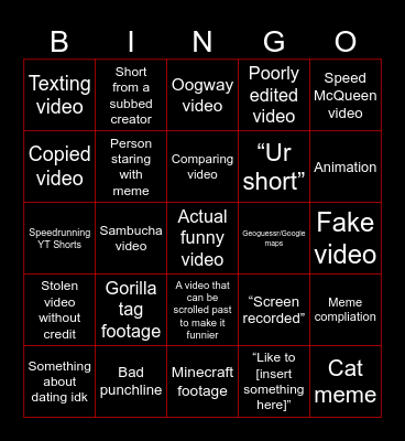 YT Shorts Bingo Card