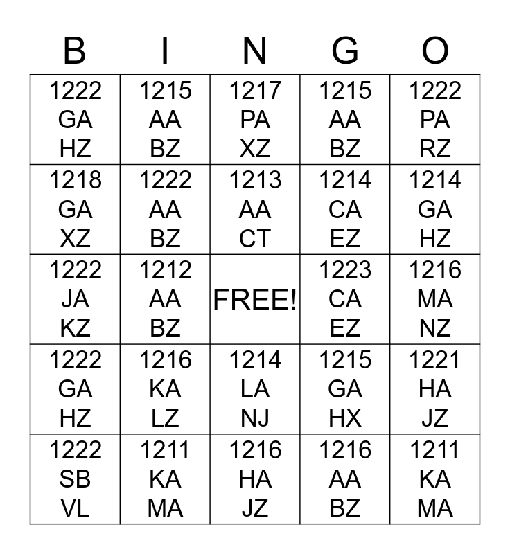 Postcode Bingo Bingo Card
