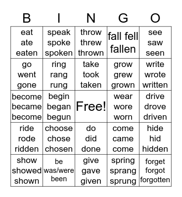 Irregular Verbs Bingo Card