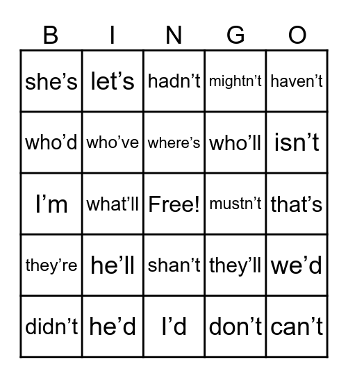 Contractions Bingo Card