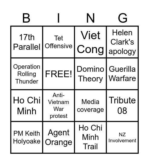 Vietnam War Image Bingo Card