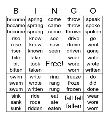Irregular Verbs Bingo Card