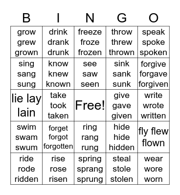 Irregular Verbs Bingo Card