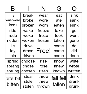 Irregular Verbs Bingo Card