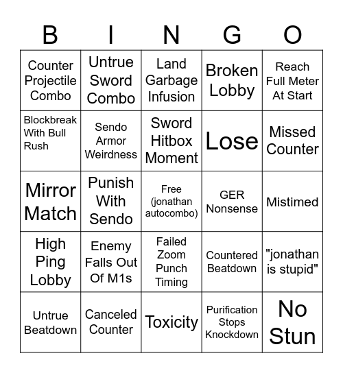 Jonathan Bingo Card