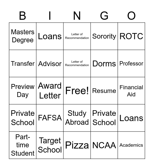 College Bingo Card