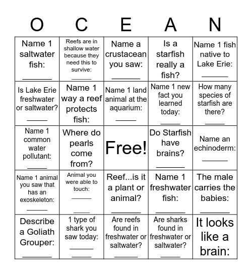 Your aquarium experience Bingo Card