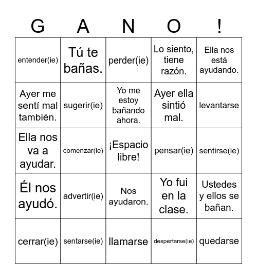 Spanish 2 Unit 2 Bingo Card
