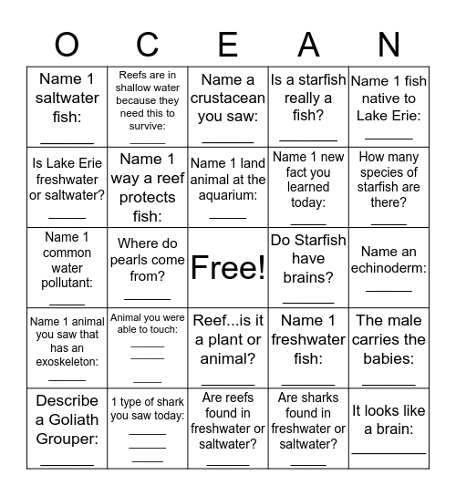 Your aquarium experience Bingo Card