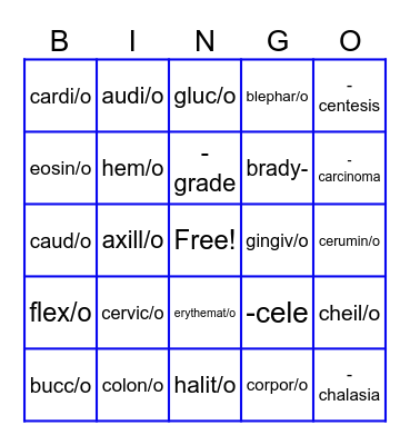 Medical Terminology-Word Parts Bingo Card