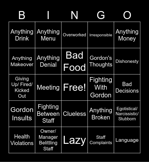 Kitchen Nightmares Bingo Card