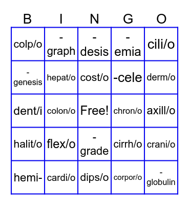 Medical Terminology-Word Parts Bingo Card