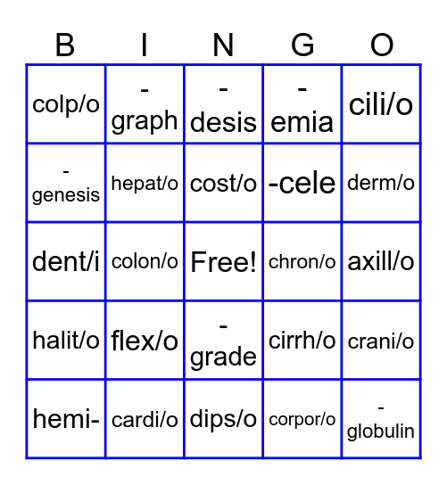 Medical Terminology-Word Parts Bingo Card