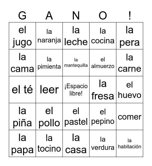 Spanish 1 Unit 2 Bingo Card