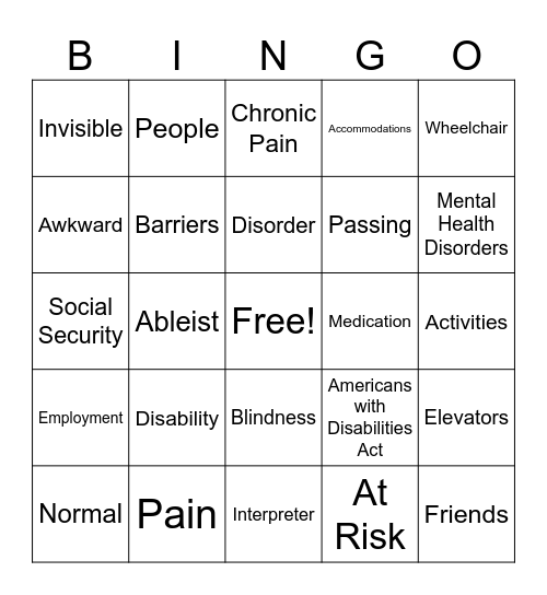 Disabilities and Physical Health Disorders Bingo Card