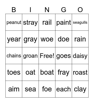 ai - ay - oa - oe - ea Bingo Card