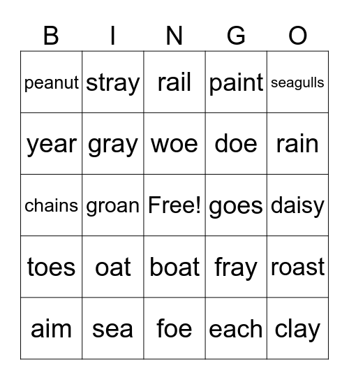 ai - ay - oa - oe - ea Bingo Card