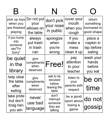 Manners Bingo Card