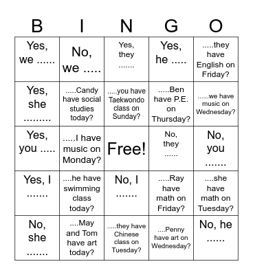 do / does /don't / doesn't Bingo Card