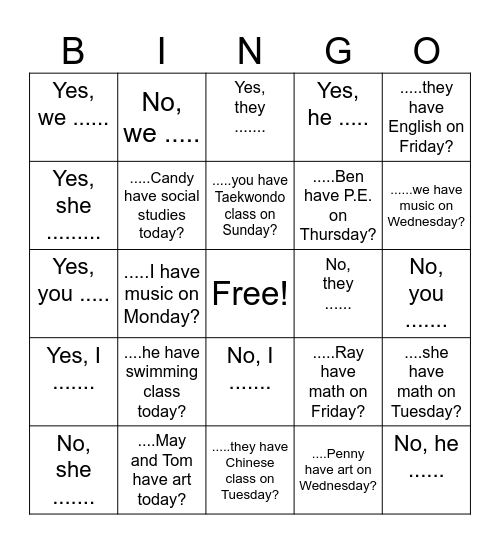 do / does /don't / doesn't Bingo Card