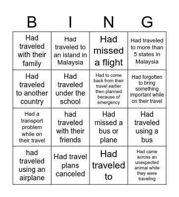 Traveling Bingo Card