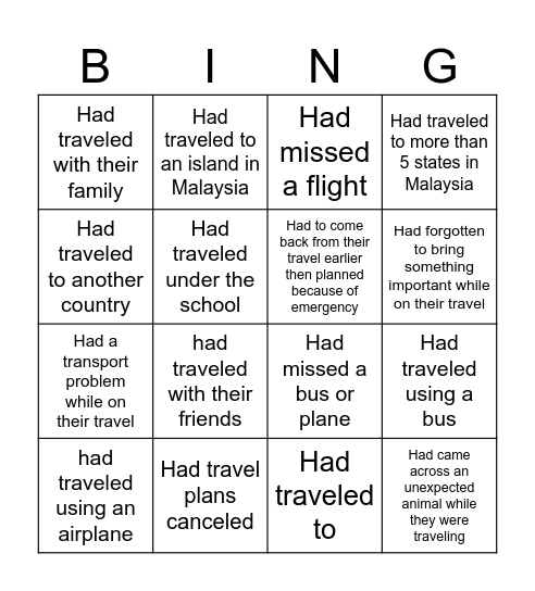 Traveling Bingo Card