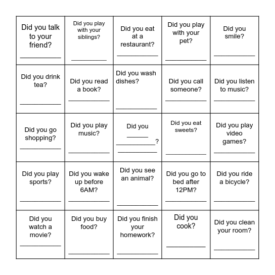 "What did you do yesterday? " Bingo Card