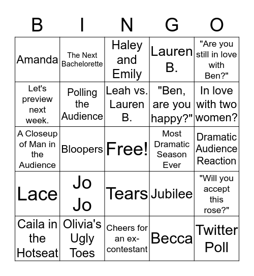 Bachelor- Women Tell All Bingo Card