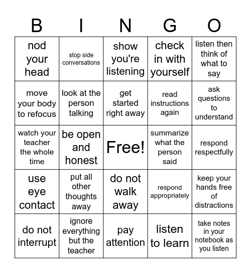 Listening Carefully and Following Instructions Bingo Card