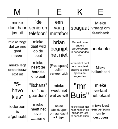 De Mieke bingo Card