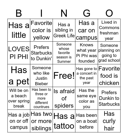 PI PHI SZN Bingo Card