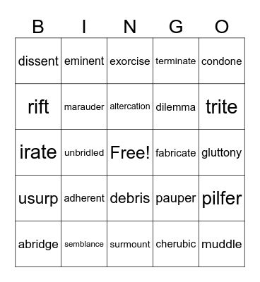 Vocabulary Bingo Card