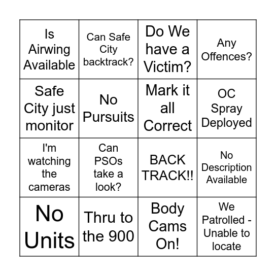 VicPol Excuses Bingo Card