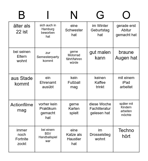 Finde jemanden der/die... Bingo Card