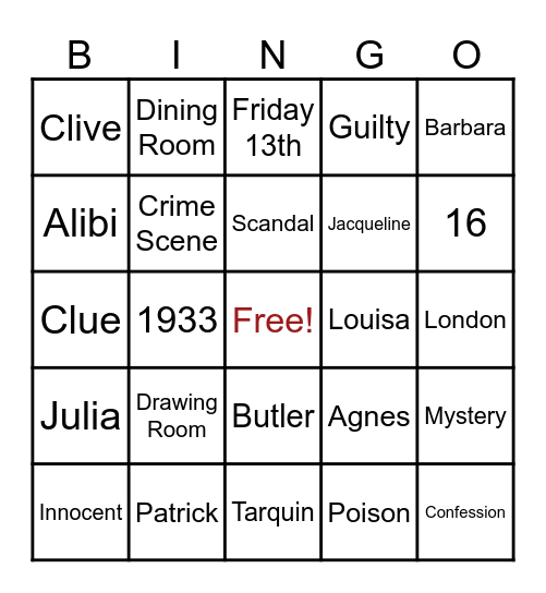 Murder Mystery Bingo Card
