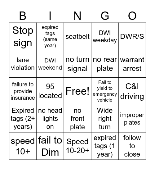 TRAFFIC STOP BINGO Card