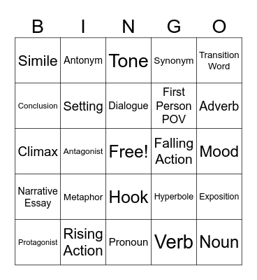 Middle School ELA Bingo Card