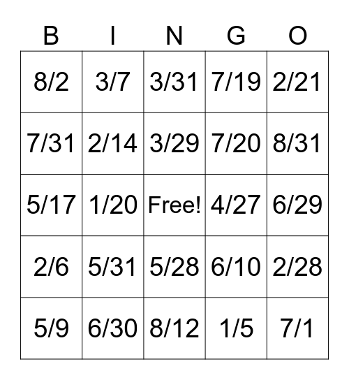 1-8 Dates Bingo Card