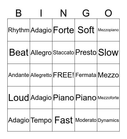 Musical Dynamics Bingo Card