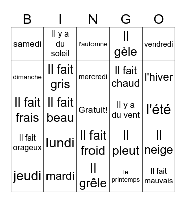 French Days & Weather Bingo Card