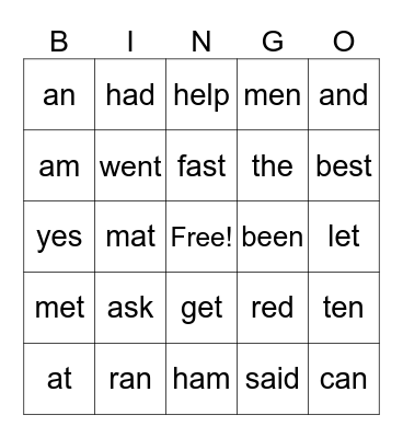 Short a - Short e Bingo Card